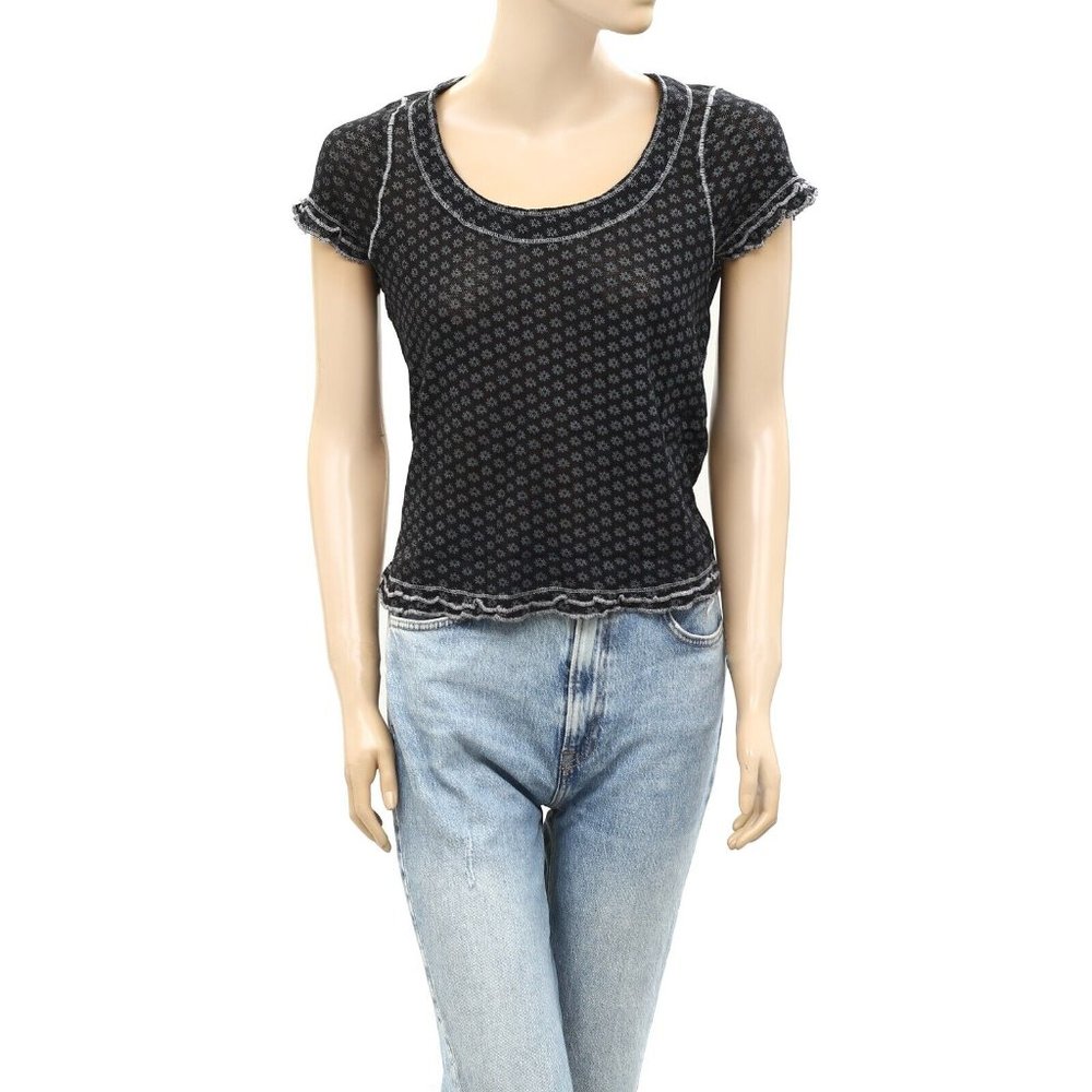 Free People Garner Tee Blouse Top Floral Print Ruffle Short Sleeve - Picture 4 of 7